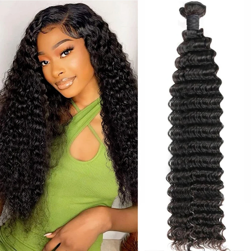 Alimice Deep Wave Human Hair 1 Bundle Brazilian Human Hair Bundles Hair Extensions for Women Natural Color