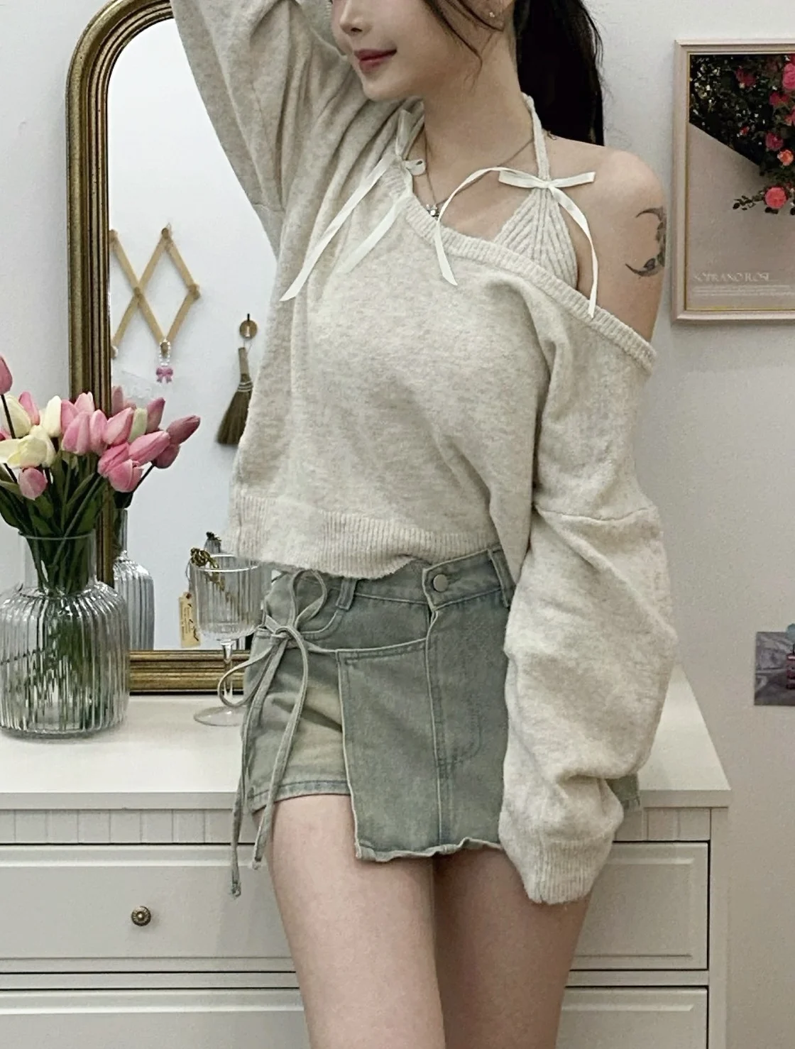 Core Halterneck Layered Off-Shoulder Knitwear Year-end Women's Fit Party Sweater Korean Style Spring, Fall, Winter Layered Top