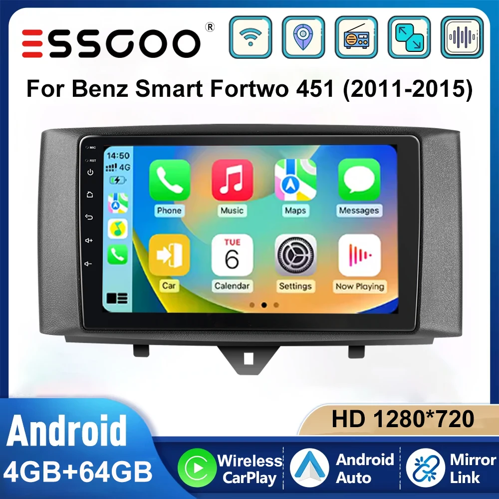 ESSGOO 9 Zoll Autoradio Android 15 4+64GB Für Benz Smart Fortwo 451 2011‑2015 Kabelloses CarPlay Android Auto GPS NAVI RDS FM WIFI Bluetooth Mirror Link Lenkradsteuerung Touchscreen Multimedia