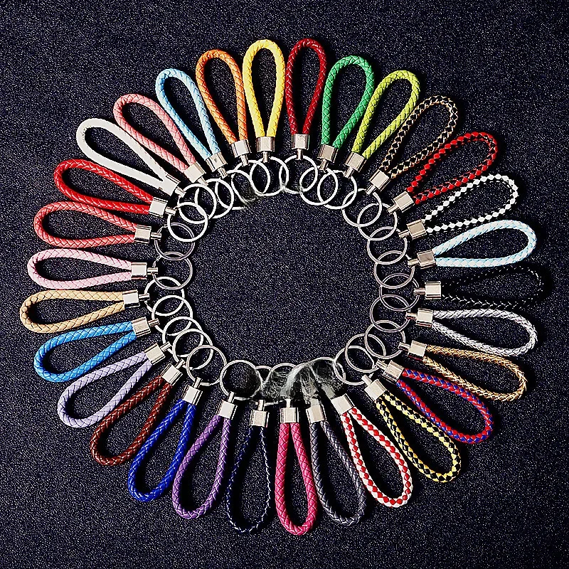 30 pcs/Lot en vrac PU cuir tressé tissé corde porte-clés pour femmes bricolage sac porte-clés hommes support voiture porte-clés en métal bijoux en gros