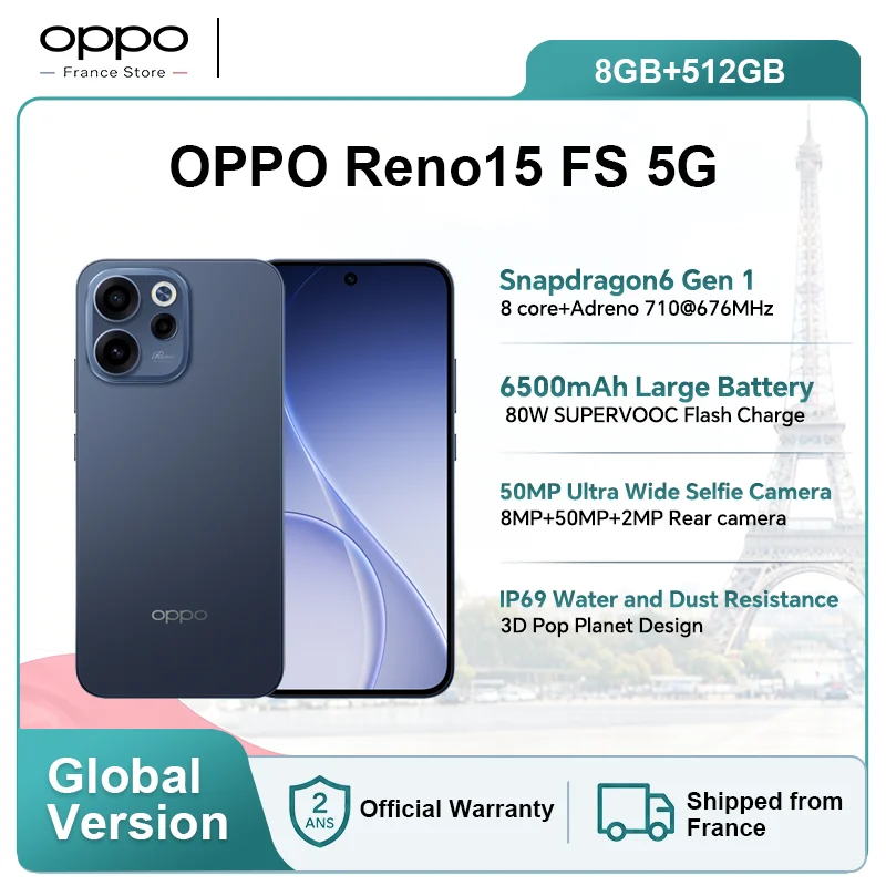 Smartphone OPPO Reno15 FS 5G 8 Go + 512 Go bleu, conforme aux normes européennes, Snapdragon 6 Gen 1, 6 500 mAh, 80 W, 6,57 pouces, appareil photo 50 Mpx, garantie officielle OnePlus