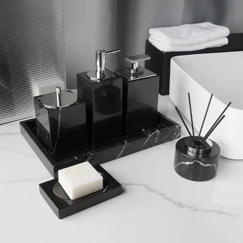 Czarny Nero Marquina naturalny marmur akcesoria łazienkowe luksusowy dozownik do mydła pudełko na chusteczki wazon zegar szczotka do wc zestaw łazienkowy — zdjęcie 2