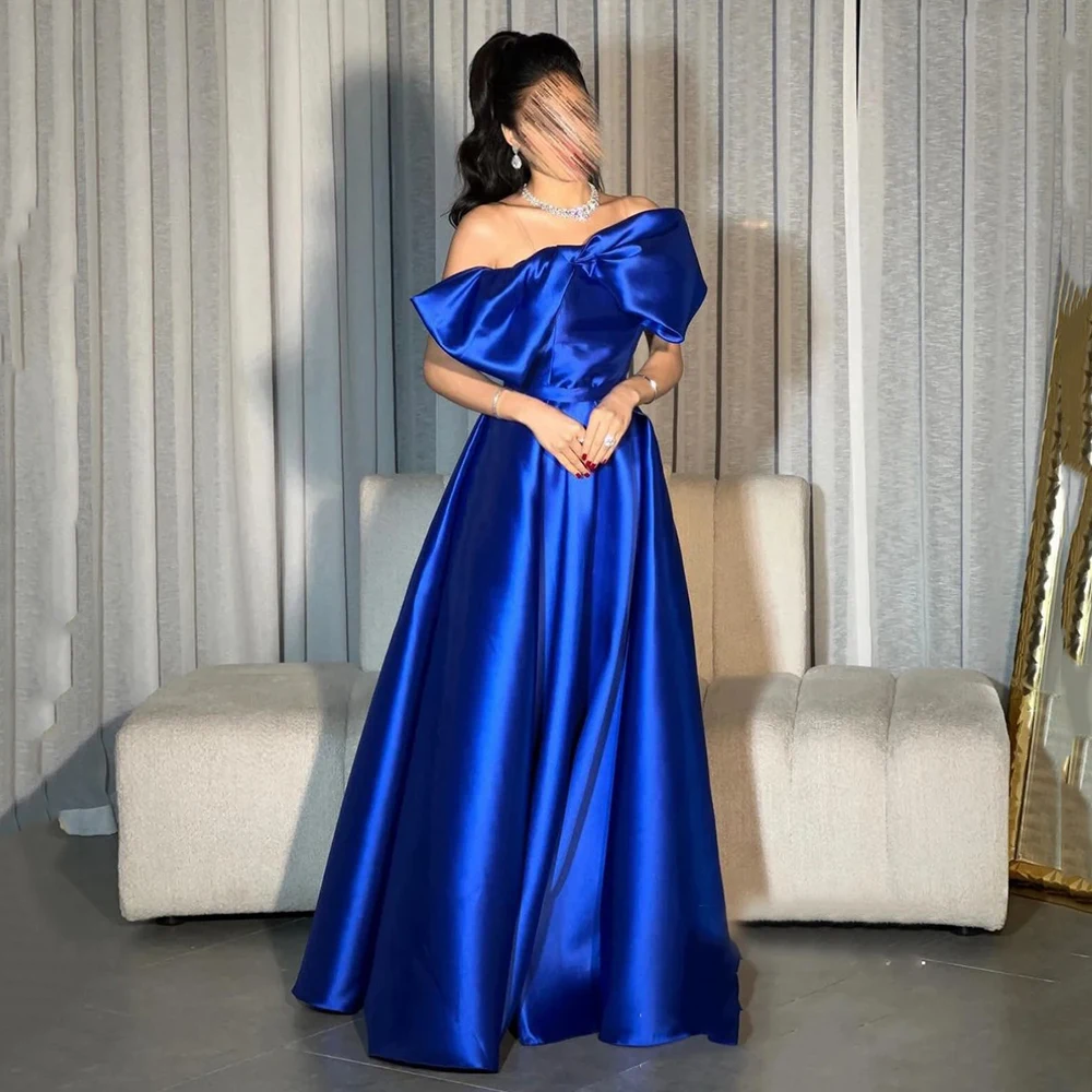 

Msikoods Blue Evening Dresses For Women Bowknot Arabic Formal Prom Gown Simple Satin Elegant Graduation Dress Occasion Gown