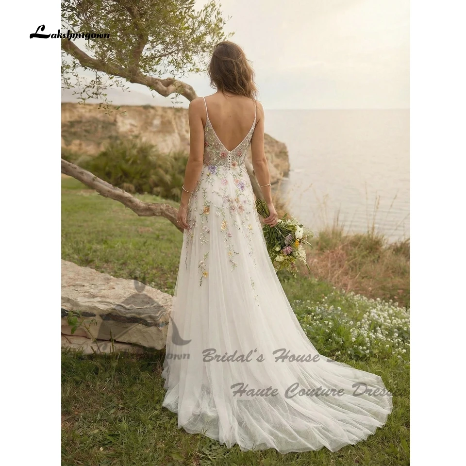Lakshmigown Luxuriöse Blumen-Spitzen-Boho-Hochzeitskleider 2026 Sexy Damen Strand-Brautkleider V-Ausschnitt Spaghettiträger Maßanfertigung – Detail 5