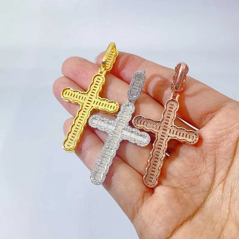 Colgante de Cruz de moissanita helada para hombres y mujeres, collar de Cruz de diamante rectangular ostentoso de plata S925, Hiphop Ins, nuevos Collares probador de paso