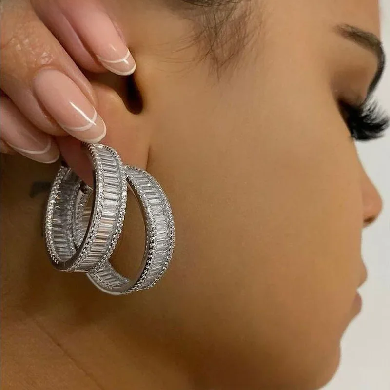 2025 New Bling Luxury Gold Color Round Circle Rectangle CZ Earring Hiphop Cubic Zirconia Hoop Huggie Earrings For Women Jewelry — zdjęcie 2