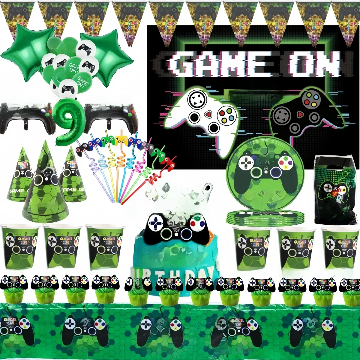 Décoration de fête d'anniversaire de jeu vidéo vert, jeu sur assiette de poulet, sac cadeau, nappe, ballon de manette de jeu, fournitures de fête pour garçon
