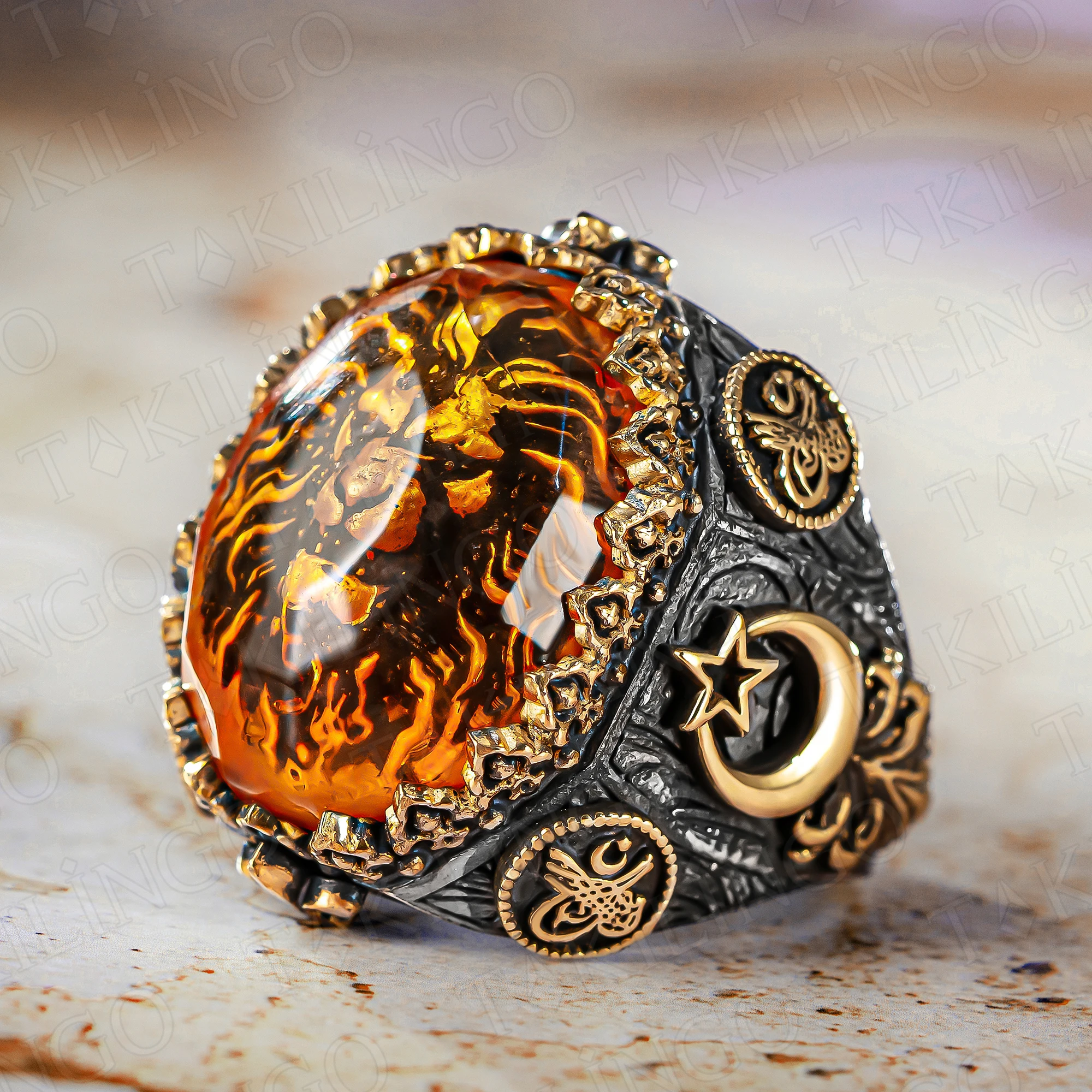 Lion Animal Kingdom The King Lion Head Ring, 925 Sterling Silver Big Amber Stone In 3D Lion Head Rock Ring Gift for Men