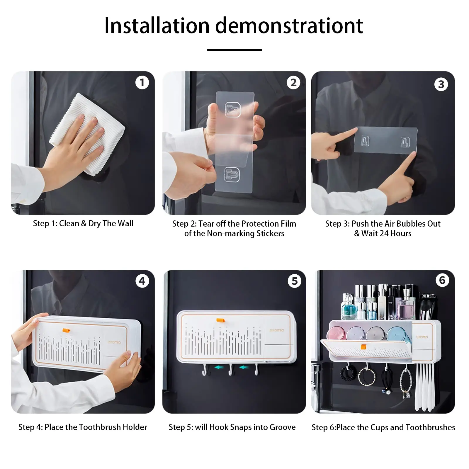 Multi-Functional Toothbrush Holder Wall Mounted Tooth Brushing Holder, with Brush Slots Cups Hooks and Shaver Slot Bathroom Tool