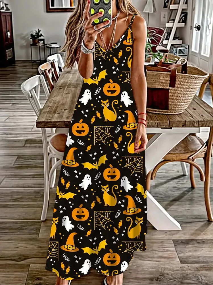 Halloween New Skull Pumpkin Print Sexy Fashion Suspender V-Neck Dress Holiday Party Party Sleeveless Dinner Long Evening Dress
