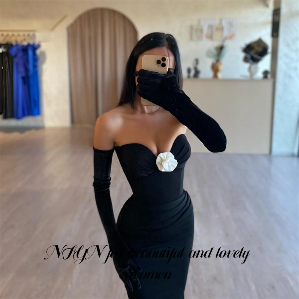 NFYN Off the Shoulder Stain Formal Dresses Black Mermaid Party Dress For Wedding Prom Dresses Gown with 3D Flower Customized