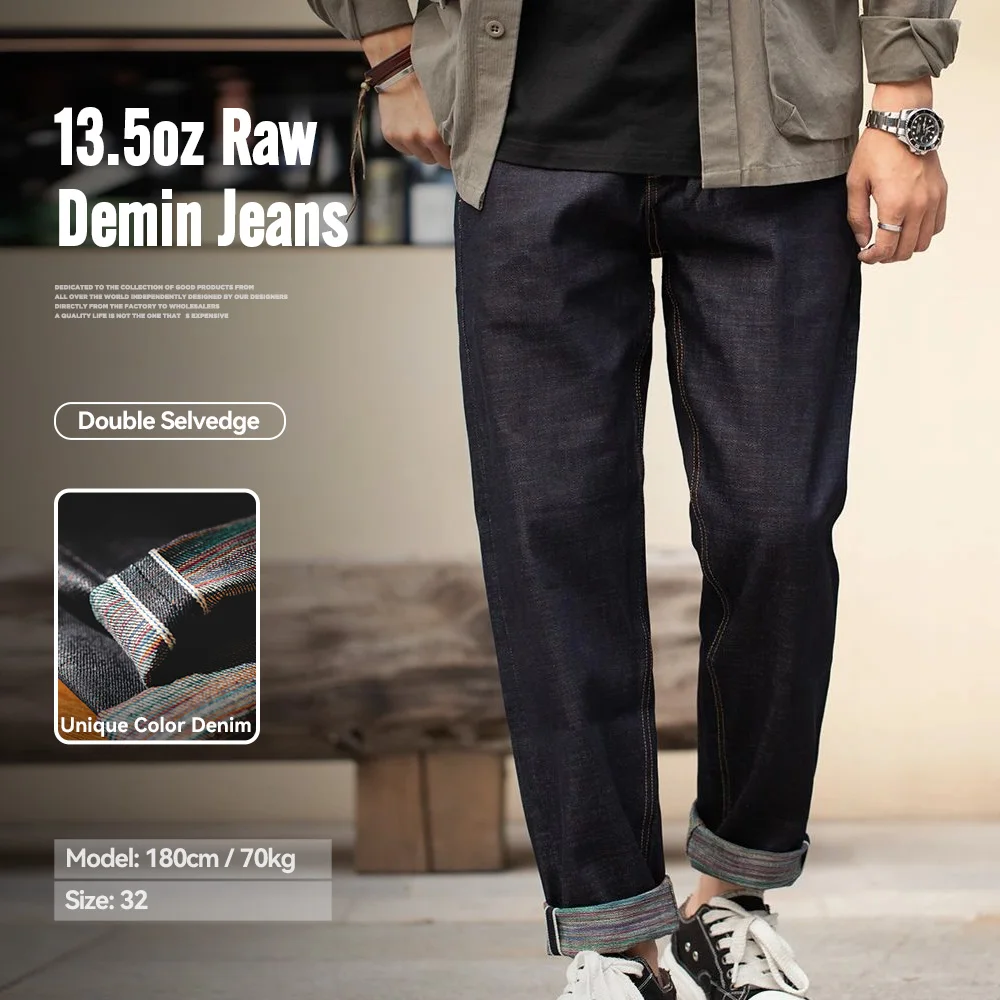 

Maden Vintage Colored Cotton Raw Denim Jeans for Men 13.5 OZ Selvedge Jeans Mid Waist Straight Pants Streetwear Trousers