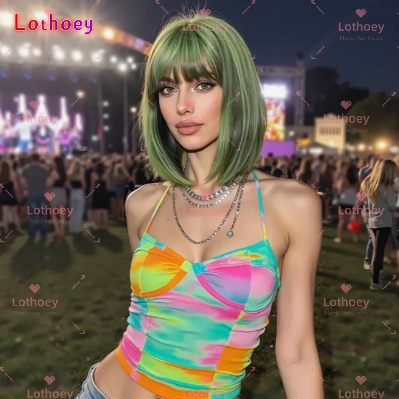 Parrucca Humen Hair con frangia dritta verde, per la vita quotidiana, feste, festival musicali, concerti, ecc