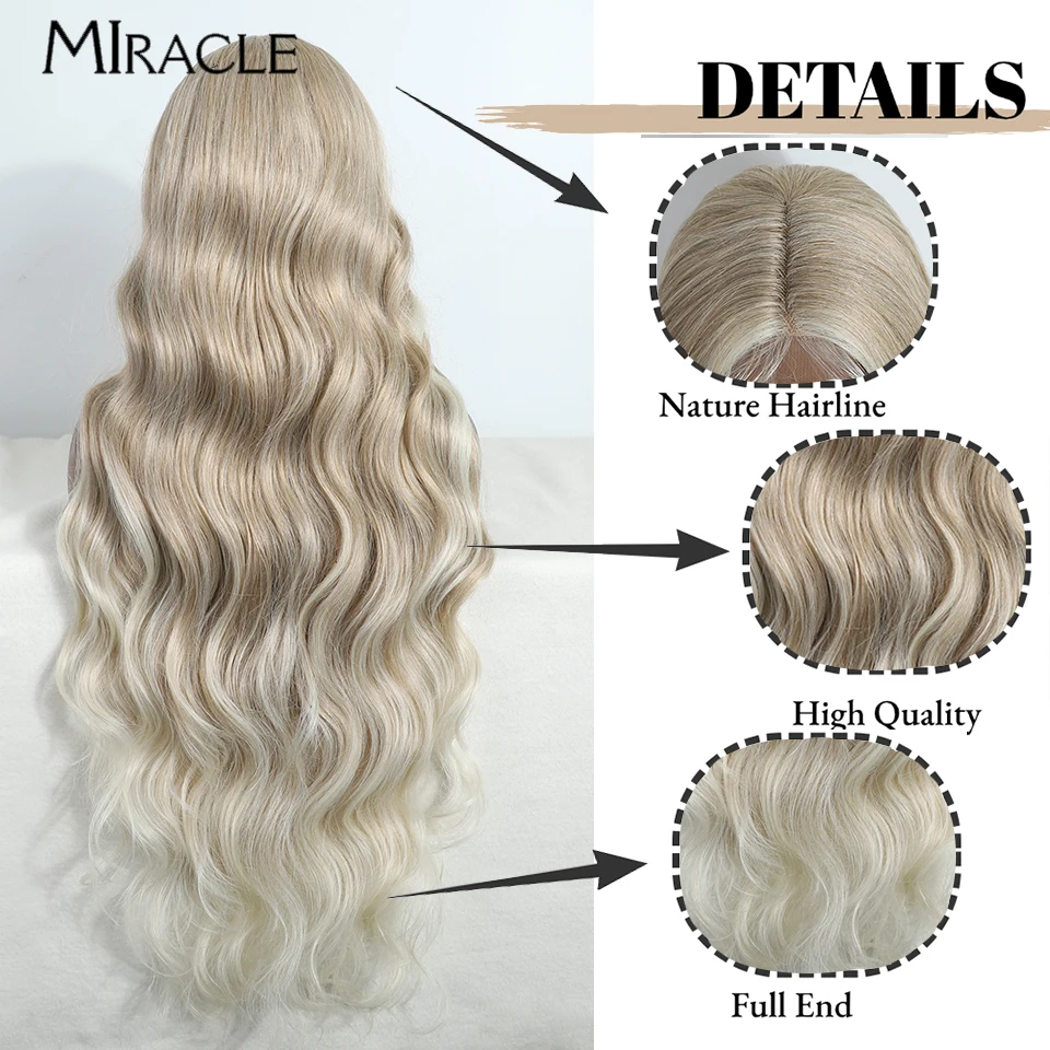 MIRACLE Synthetic 36Inch Omber Lace Front Wig For Woman Fiber Fake Hair Wig Wavy Soft Heat Resistan Cosplay Colorful Brown