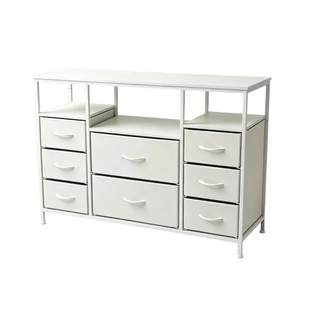 Witte 8-ladenkast met open planken, ruimtebesparende ladekast, multifunctionele tv-standaard & entreetafel voor slaapkamer, woonkamer, thuiskantoor, veelzijdige opslagoplossing.
