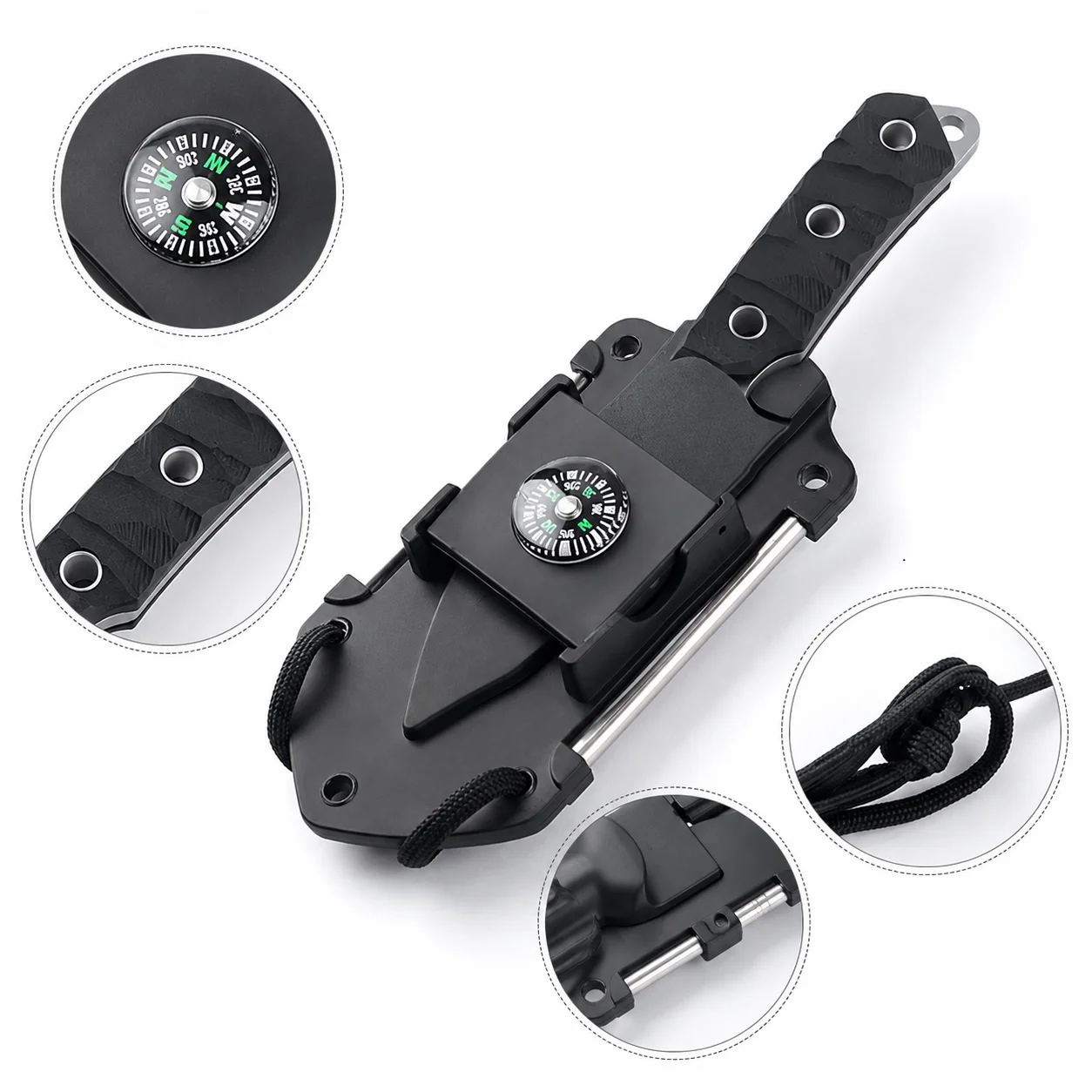 Outil utilitaire portable d'extérieur avec étui, outil de camping compact avec boussole, cordon et tige de démarrage de feu pour la randonnée, le camping et les voyages