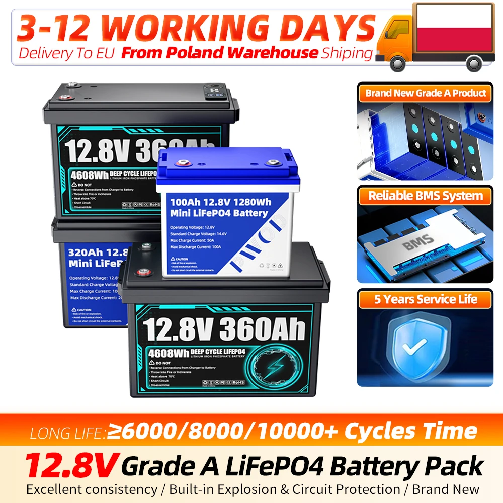 12,8V 100AH 320AH 360AH Lifepo4-Batteriepack Klasse A mit eingebautem BMS BCI, wiederaufladbar, neue multifunktionale Lithium-Batterie für DIY-Stromsysteme, Heimsolarenergie, 6000-10000 Zyklen