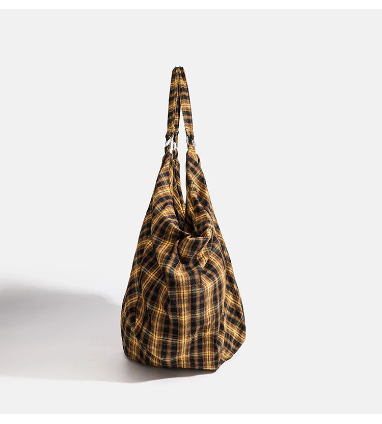 Lässige Vintage-Einkaufstasche, große Kapazität, Canvas-Tragetasche für Damen, entspannter Stil, karierte Pendler-Umhängetasche, vielseitige Reisetasche – Detail 11