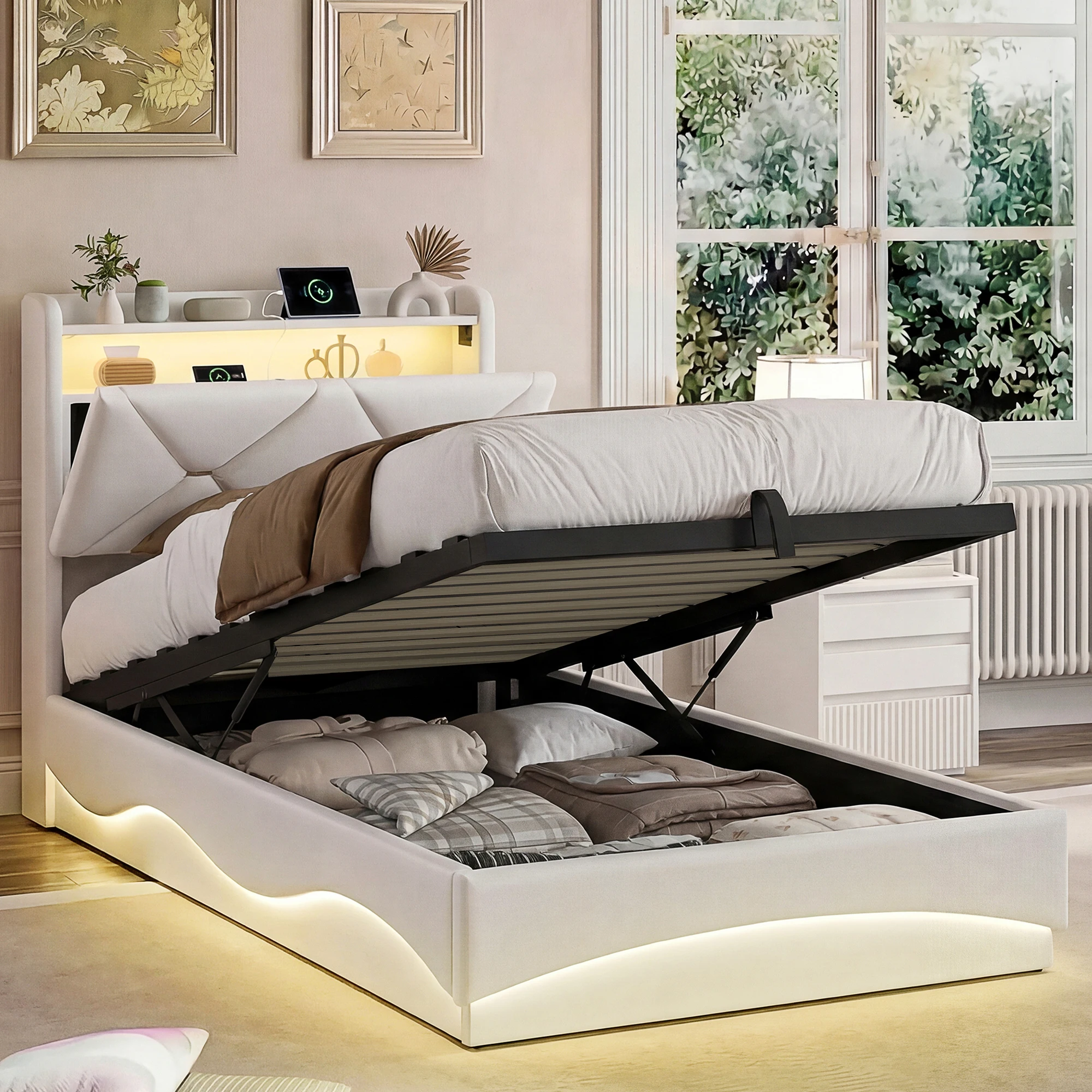 Comanlai, letto idraulico 90×200 cm, letto singolo, letto da camera da letto, struttura letto con vano contenitore, letto salvaspazio ideale per appartamenti piccoli, letto con vani contenitori aperti