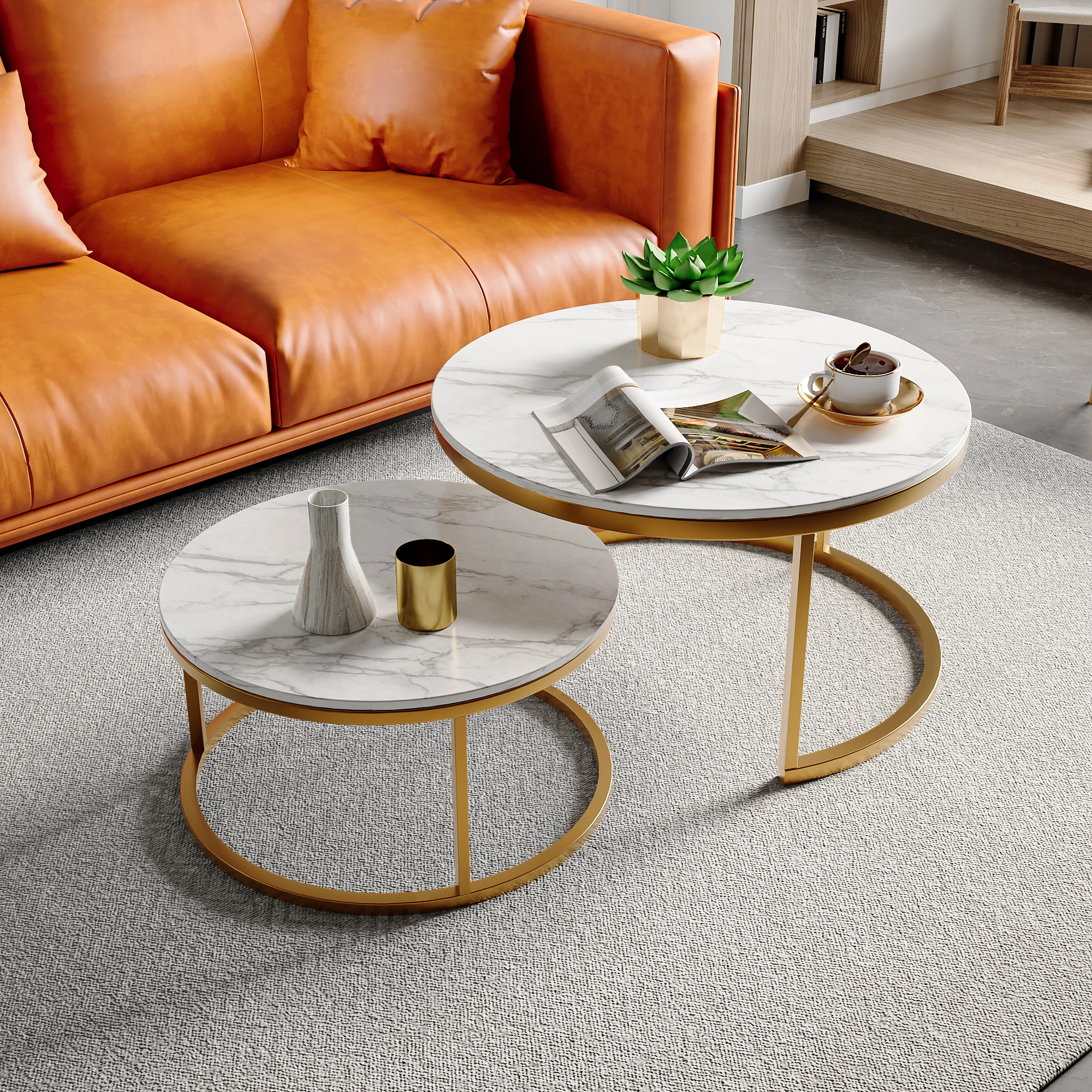 Runder Couch tisch 2er-Set, moderner Beistell tisch mit Metall kante und Holztisch platte, für