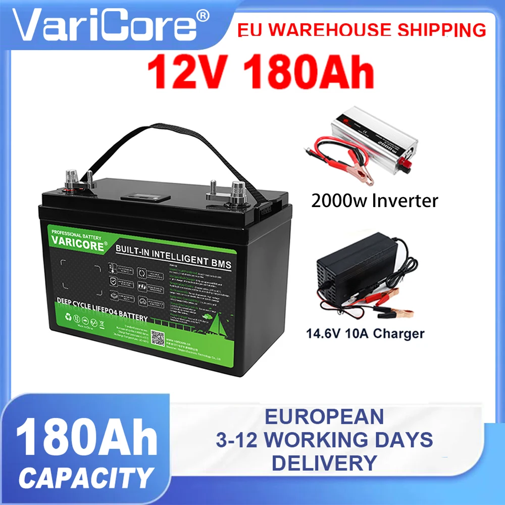 Batteria LiFePO4 VARICORE 12V 180Ah con BMS integrato, oltre 6000 cicli, per accumulo di energia solare, camper, campeggio e barche