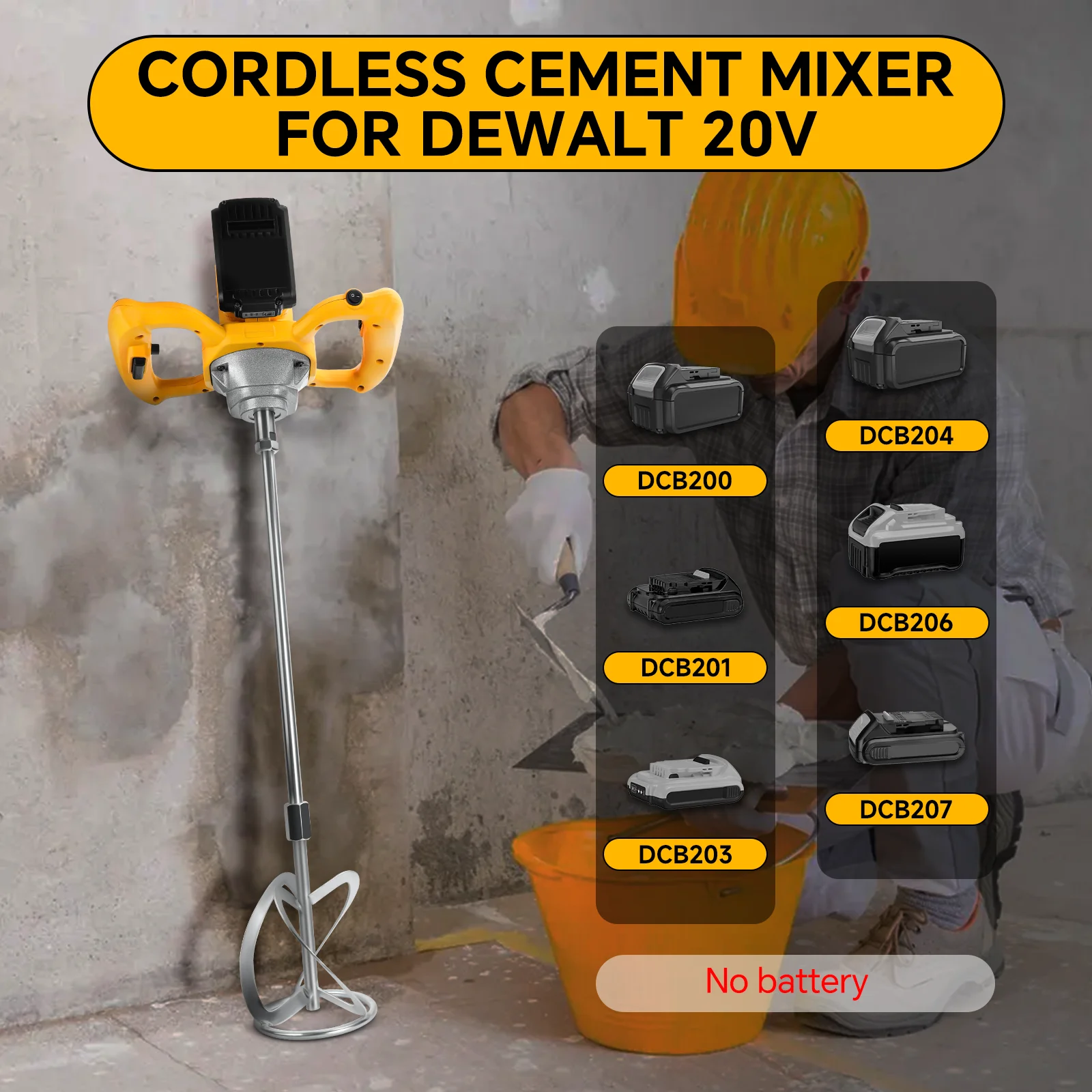 Brushless Cement Mixer 1200W 26000RPM Electric Concrete Mixer Portable Paint Mud Mixer with 6 Speed for Dewalt 20V Battery