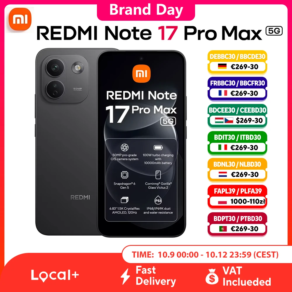 Xiaomi Redmi Note 17 Pro Max 5G Globale Version, 6,83-Zoll AMOLED 120Hz Display, 9210mAh Akku, 100W HyperCharge, IP66/IP68 Wasserdicht, Corning Gorilla Glass Victus 2, Snapdragon 6 Gen 5, 50MP