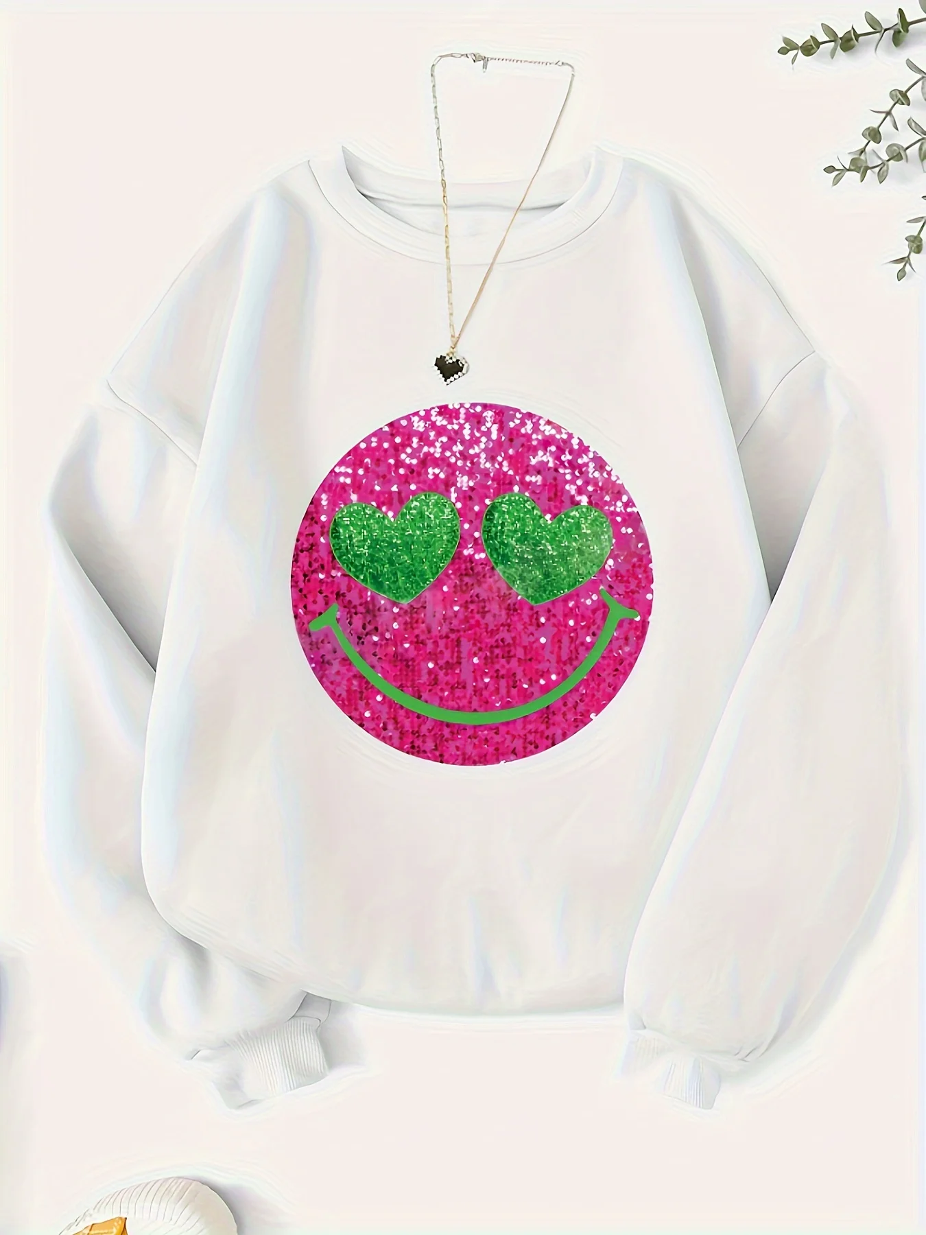 Smiling face print sweatshirt, crew neck casual sweatshirt for winter & fall, women\'s clothing，no sequin