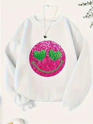 Smiling face print sweatshirt, crew neck casual sweatshirt for winter & fall, women's clothing，no sequin