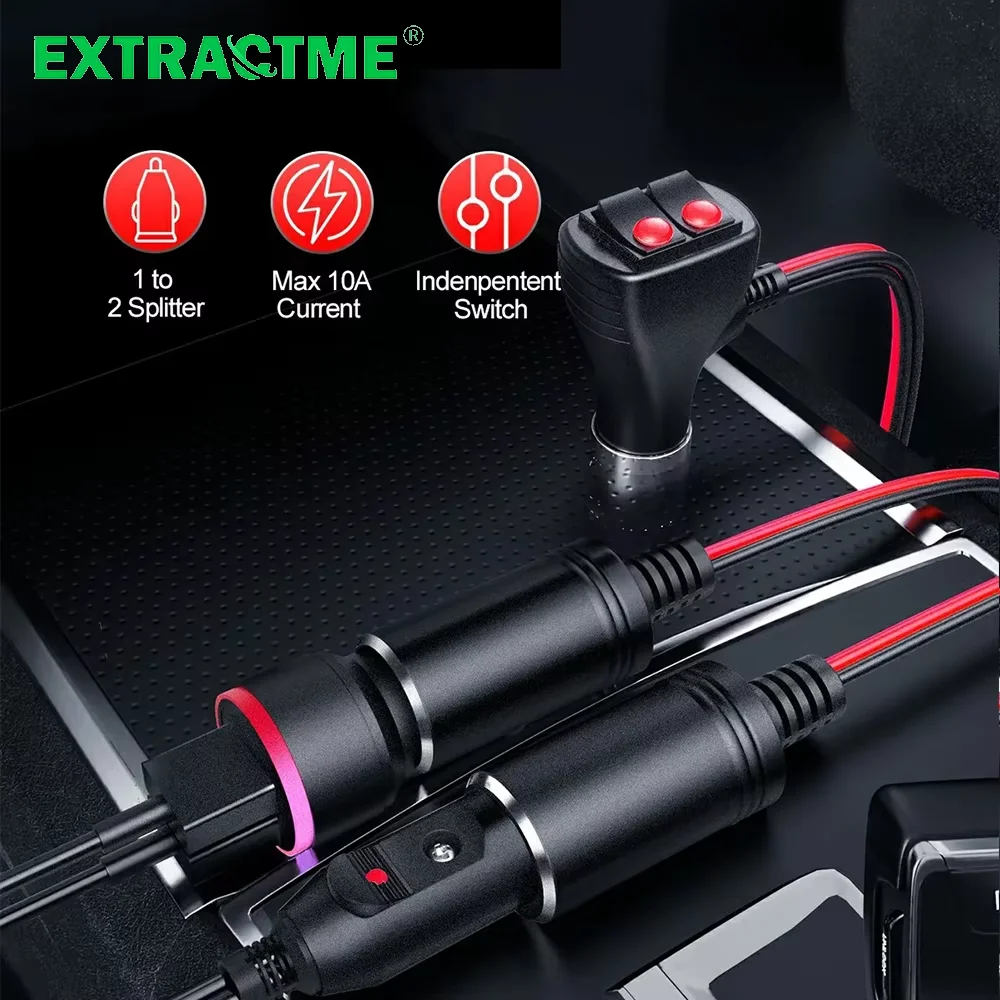 Extractme Car Cigarette Lighter Interface, One To Two Splitters, Separate Switch With Indicator Lights