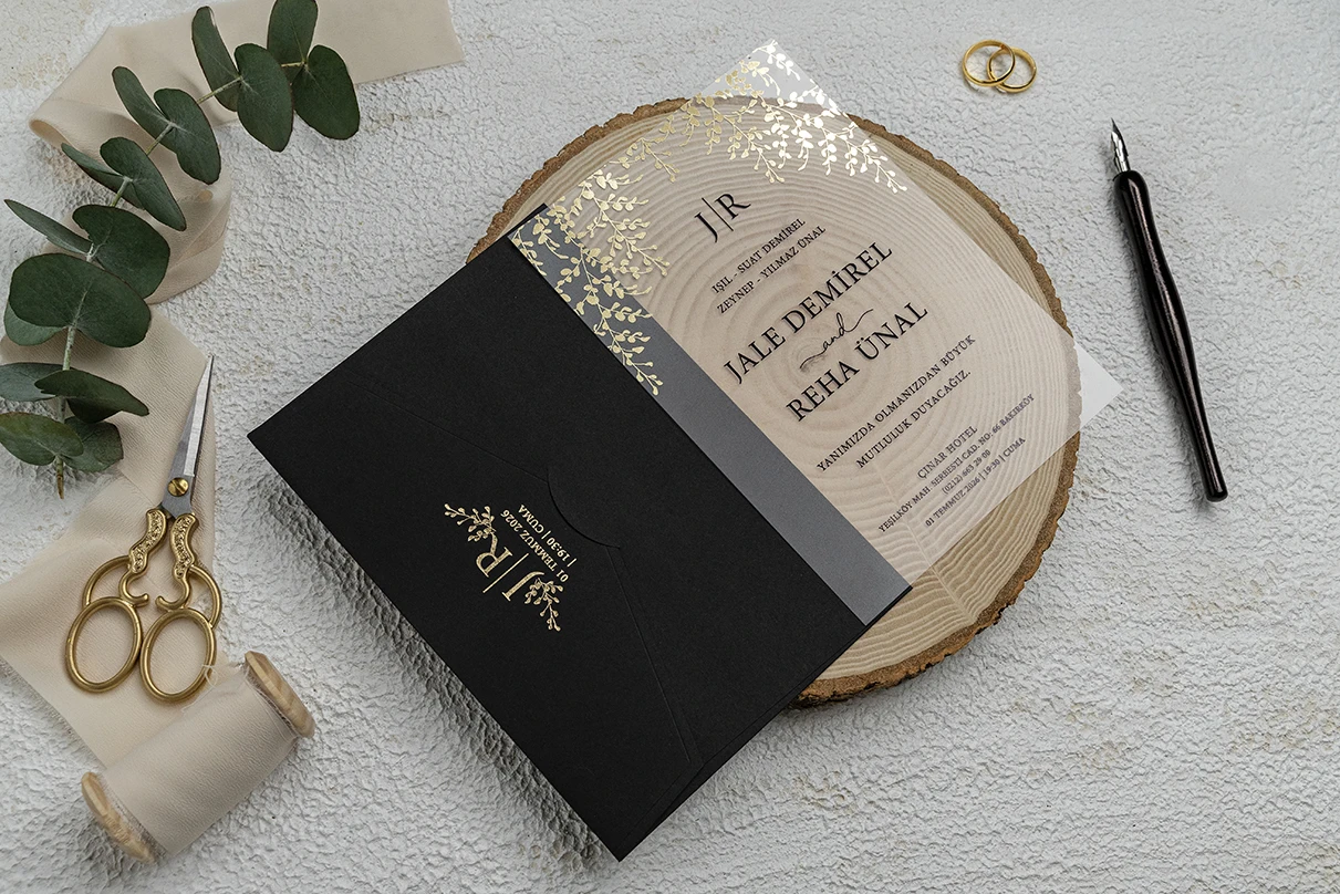 Personalized Frosted Acrylic Wedding Invitation, Clear Transparent Wedding Invite Card, Quinceañera,Black Elegant Wedding Invita