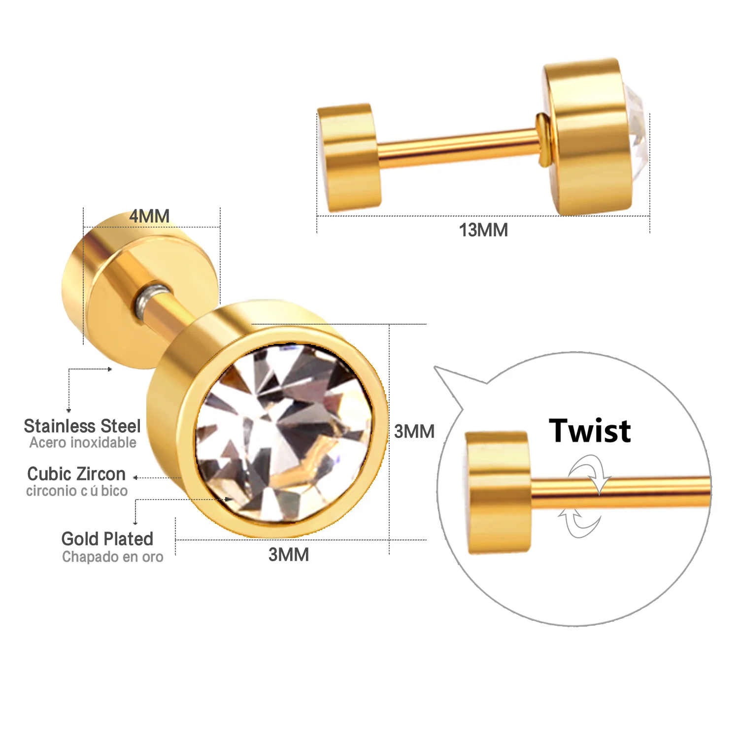 Großhandel 12 Paare/Lots 3-6MM runde Edelstahl-Ohrringe mit Zirkonia-Schraubverschluss, bunte Ohrstecker für Mädchen, Schmuck – Detail 1