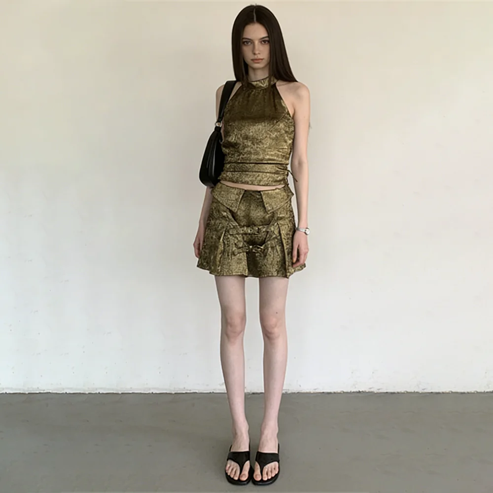 Nova Women's 2 Piece Set Olive Green Satin Halter Top & Mini Skirt Tie Waist Textured Outfit