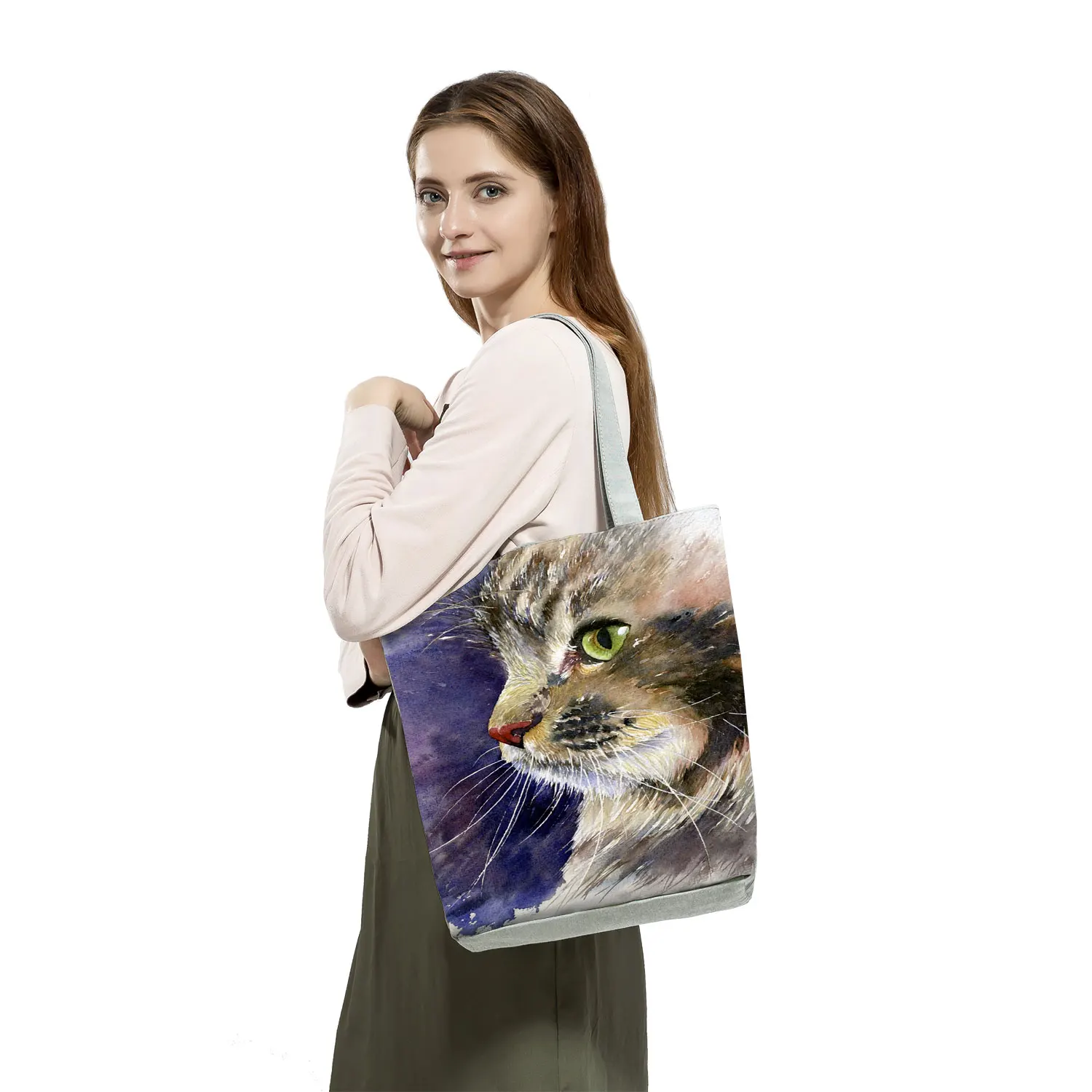 Bolsas de compras reutilizables ecológicas personalizadas de alta capacidad para mujer, bolso de mano con estampado creativo de gato lindo, pintura al óleo