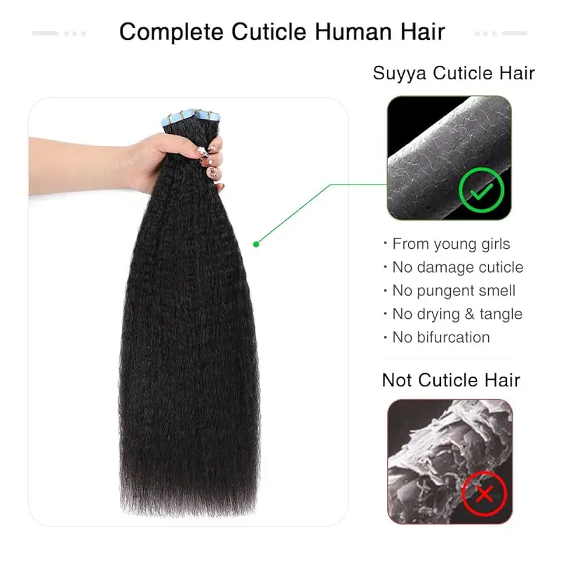 Extensões retas perversos do cabelo encaracolado, cabelo humano brasileiro, trama, esparadrapo, colagem sobre