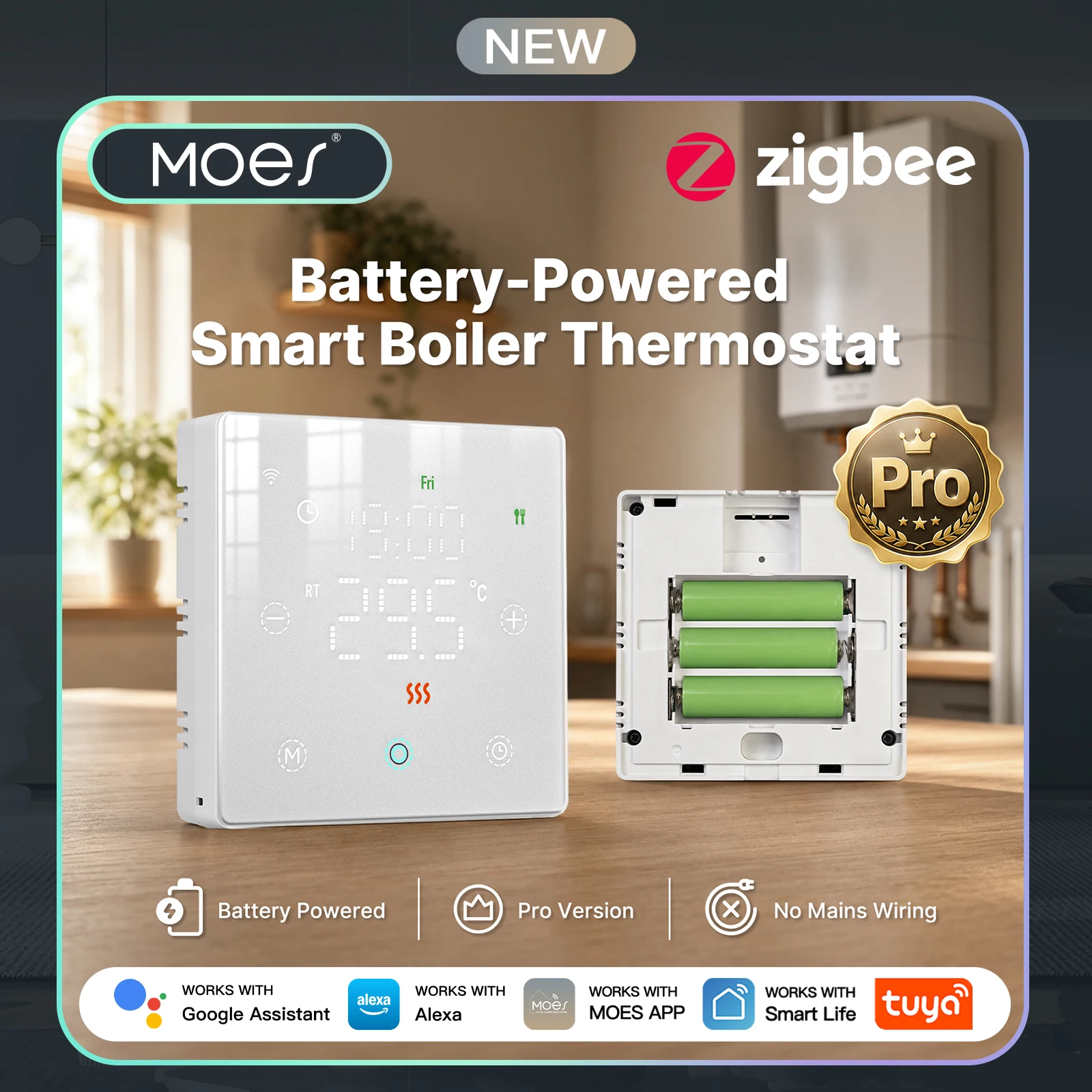 MOES Tuya WiFi/ZigBee-Thermostat, kompatibel mit Alexa und Google Home, batteriebetrieben, intelligenter Temperaturregler für Gaskessel