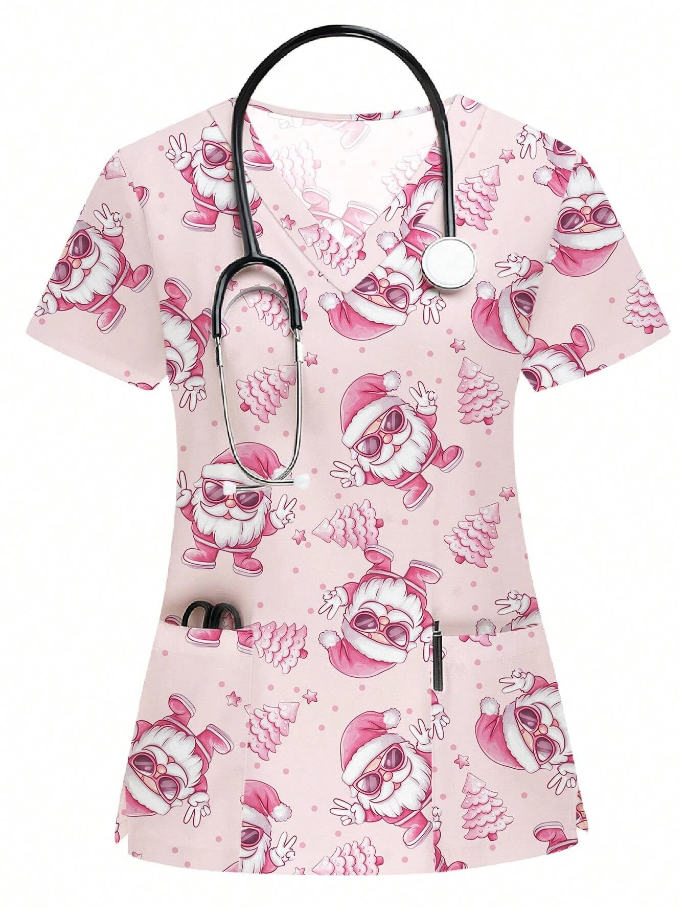 

Surgical Uniforms Woman Cute Christmas Santa Claus Gift Heart Balloon Uniform Top Scrub Top Short sleeve Nurse Uniform Woman