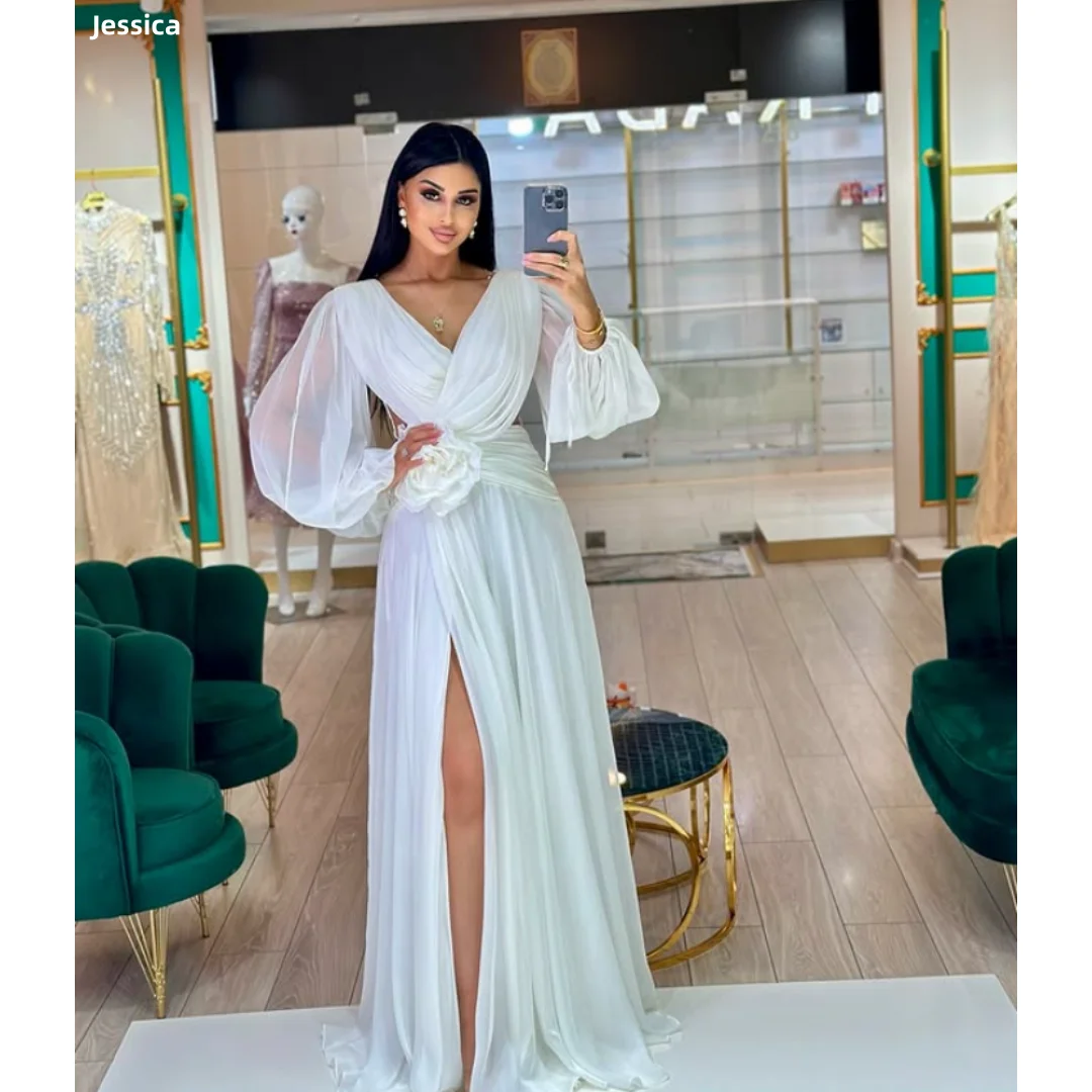 

Jessica Handmade Flowers Evening Dresses White Puffy Long Sleeves Prom Dresses Pleated A-line Side Slits Party DressesCustomized