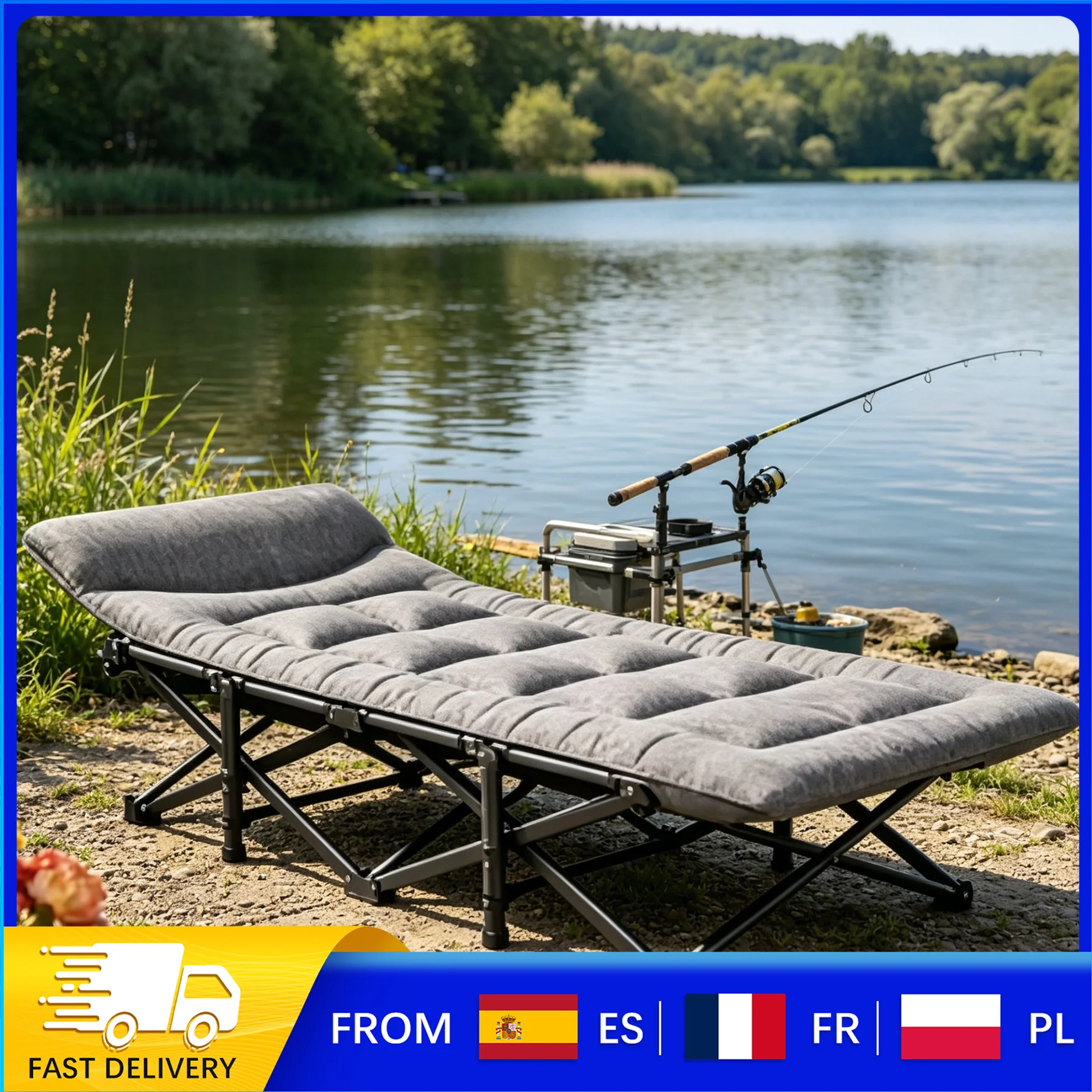 Lit de camping pliable avec matelas rembourré, lit de couchage portable pour l'extérieur, cadre en acier renforcé robuste, capacité de charge de 200 kg, tissu Oxford respirant, poche latérale pour le