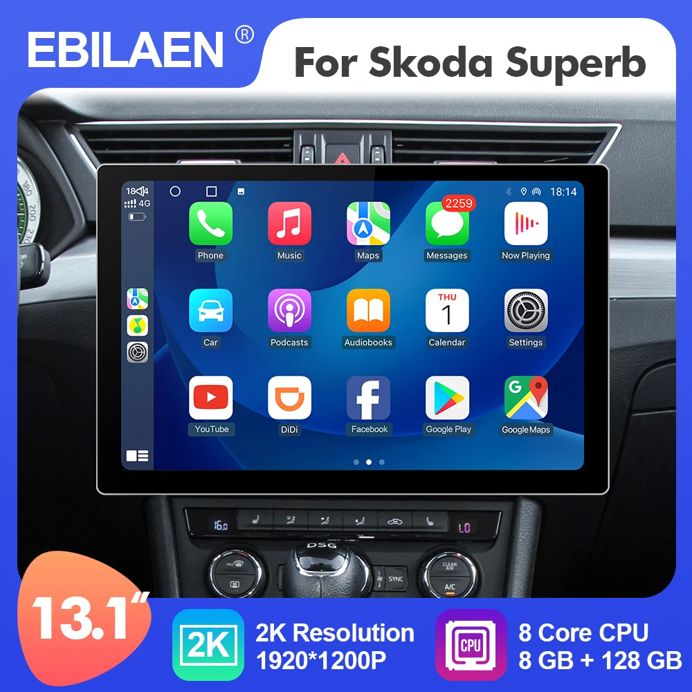 EBILAEN Android 12 2K 13.1 Inch Car Multimedia Stereo Radio Player For Skoda Superb 3 2016- GPS 8 Core Carplay Bluetooth 4G