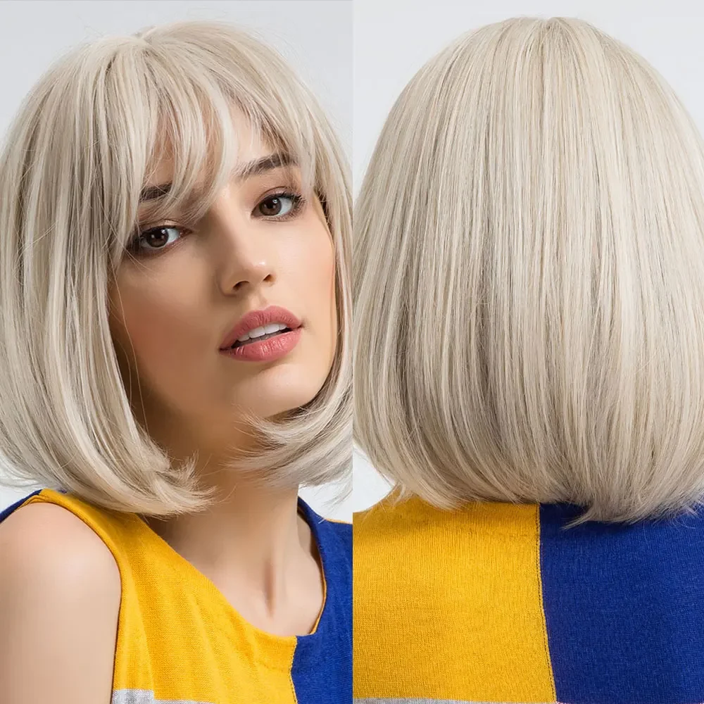 Krótka peruka Bob Platinum Blonde z grzywką Syntetyczna naturalna prosta blond peruka dla białych kobiet Impreza Codzienne włosy odporne na ciepło — zdjęcie 2