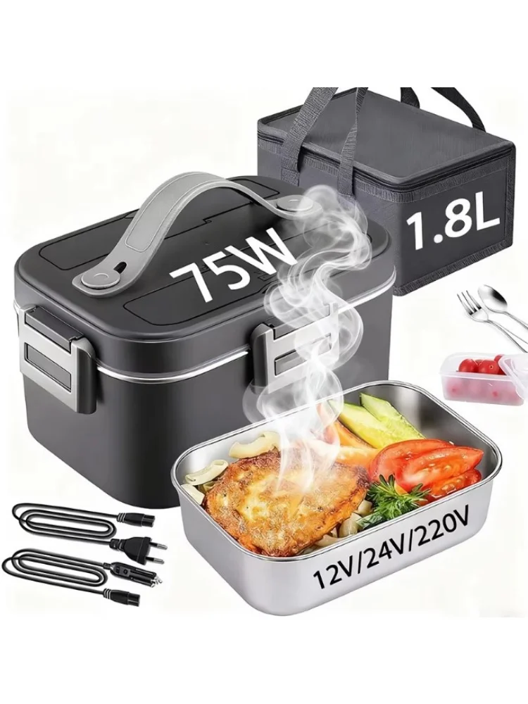 Boîte à lunch électrique pour la maison et la voiture, double usage, 1,8 L, 220 V, 12 V, 24 V, étanche, portable, récipient chauffant pour aliments, acier inoxydable
