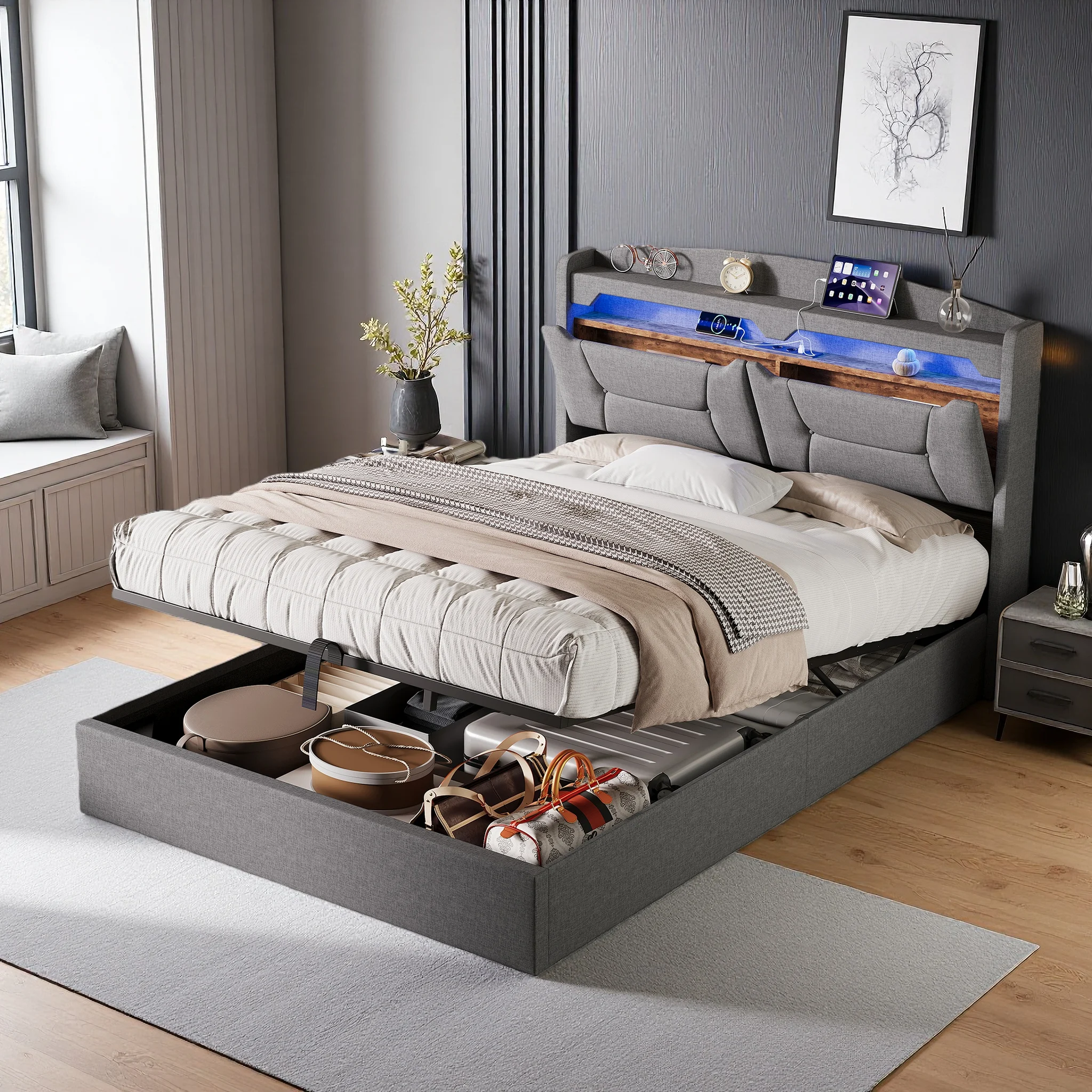 Creahappy, letto idraulico 140 × 190 cm, letto imbottito, letto matrimoniale, letto per ragazzi, struttura letto con ampio spazio contenitivo, letto per camera da letto principale, letto con piano