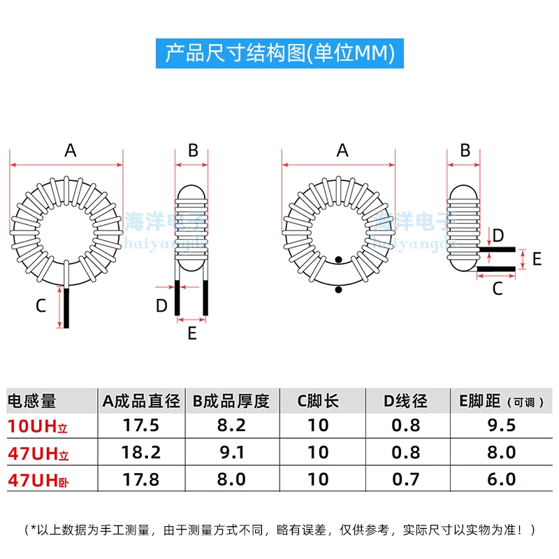 0.8 와이어 마그네틱 서라운드 와이어 인덕터, 6026 노란색 및 흰색 링 인덕터, 수직 15mm, 47uH, 10uH, 6A