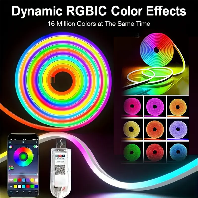 

Неоновая светодиодная лента 5 В USB RGB с приложением Bluetooth и 24-клавишным пультом дистанционного управления, гибкая силиконовая лампа для синхронизации музыки для спальни, телевизора, домашнего декора