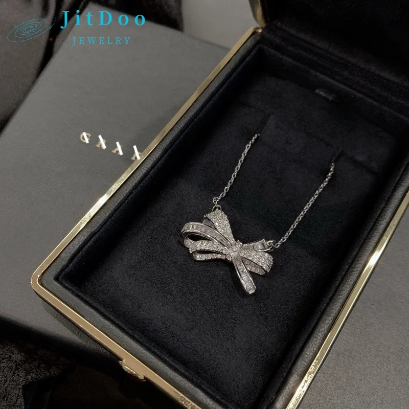 JitDoo Exquisite and Lovely Silver Glitter Zircon Gemstone Elegant Bow Necklace Luxury Fine Jewelry Female Jewelry Korean Style