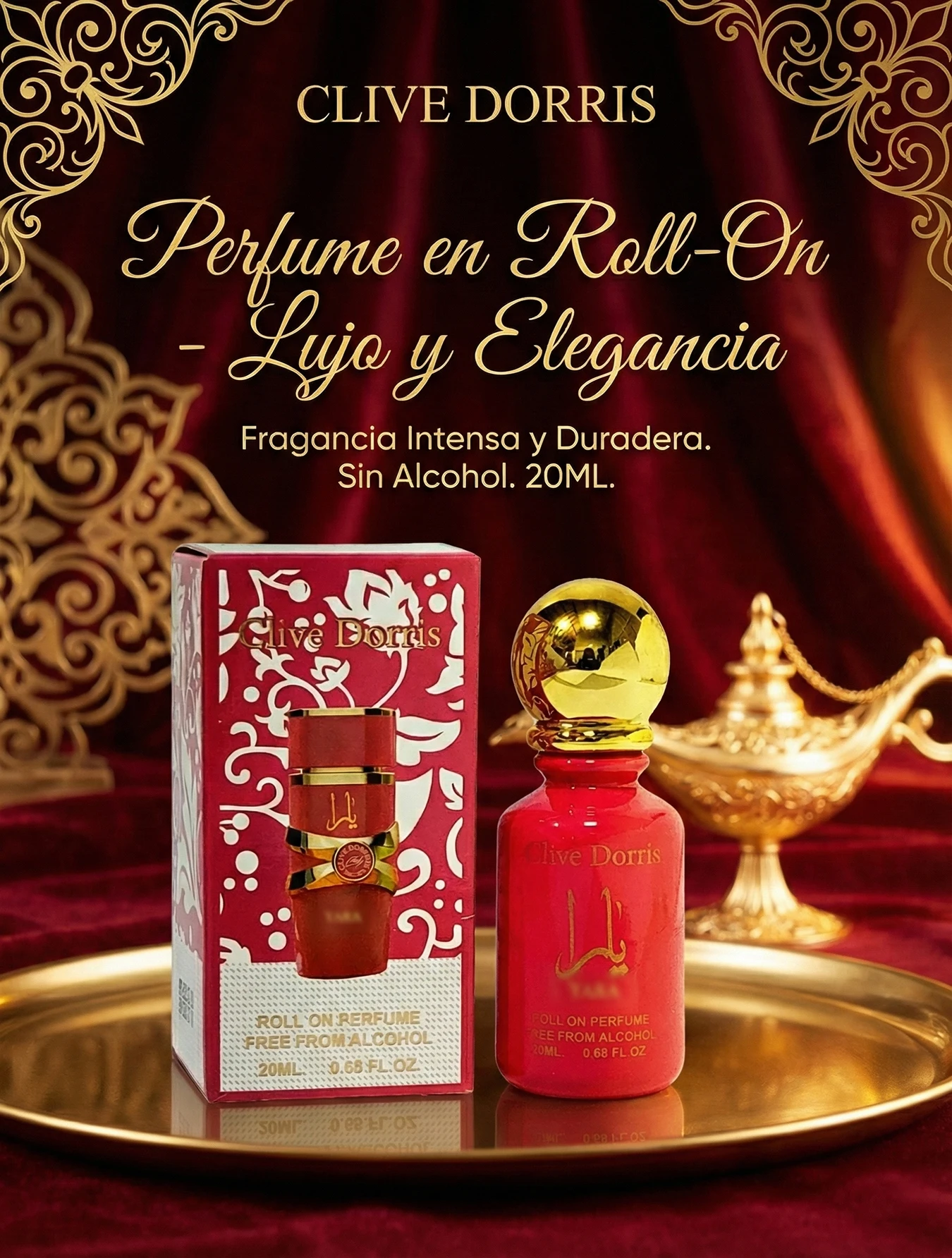 Perfume Roll-On Clive Dorris Mujer 20ML • Aroma Floral Frutal Gourmand • Notas de Grosella, Mandarina, Caramelos y Gardenia • Fondo de Vainilla y Ámbar • Sin Alcohol • Botella Roja Elegante •