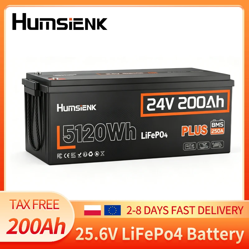 Batterie LiFePO4 Humsienk 24V 200Ah avec système BMS 250A amélioré, durée de vie jusqu'à 15000+ cycles, batterie lithium rechargeable 5120Wh avec protection contre les basses températures pour camping-car, panneaux solaires marins, camping, garantie 5 ans
