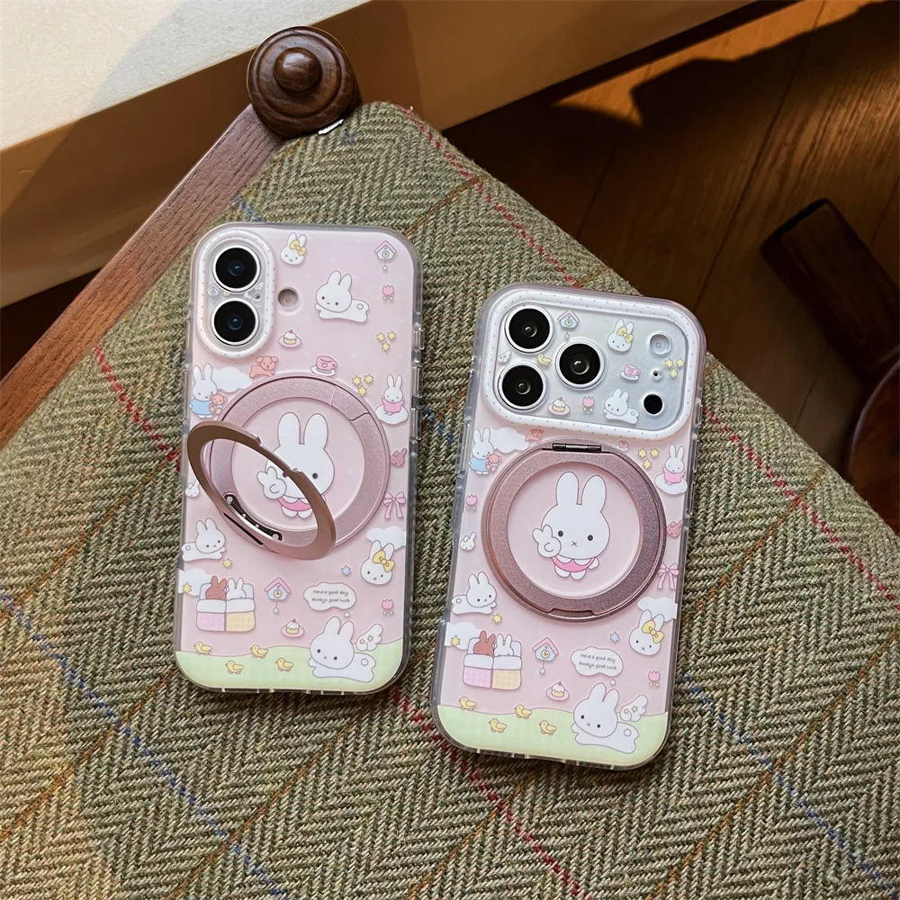 Kawaii Miffy Rabbit Magnetic With Rotate Phone Case For iPhone 16 Pro 17 16 15 17 Pro Max Cover Fashion Cartoon Shockproof Cover