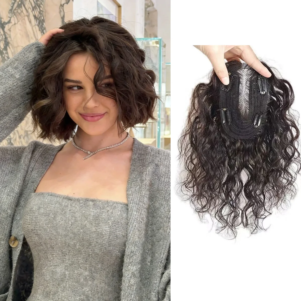 

Накладка для волос из 100% натуральных человеческих волос, улучшенная, 9×14 см, с эффектом водной волны, с бесшовными клипсами, ручной работы, легкая и удобная в использовании для женщин